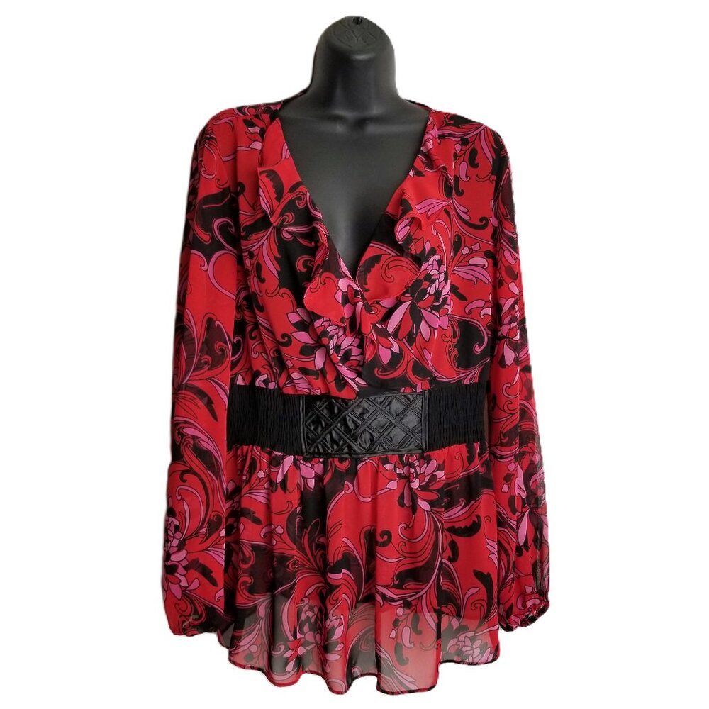 Bisou Bisou Floral Chiffon Blouse Romantic Wrap Sheer Sleeves Size Large